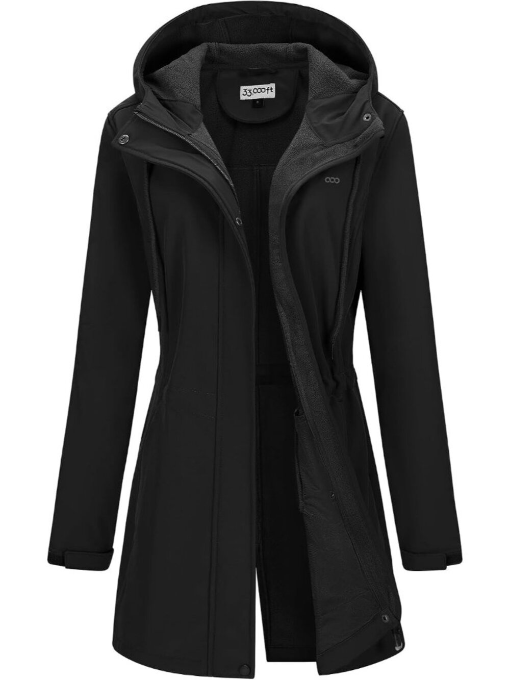 Women's Black Fleece Lined Waterproof Zip Up Softshell Long Trench Parka Coat